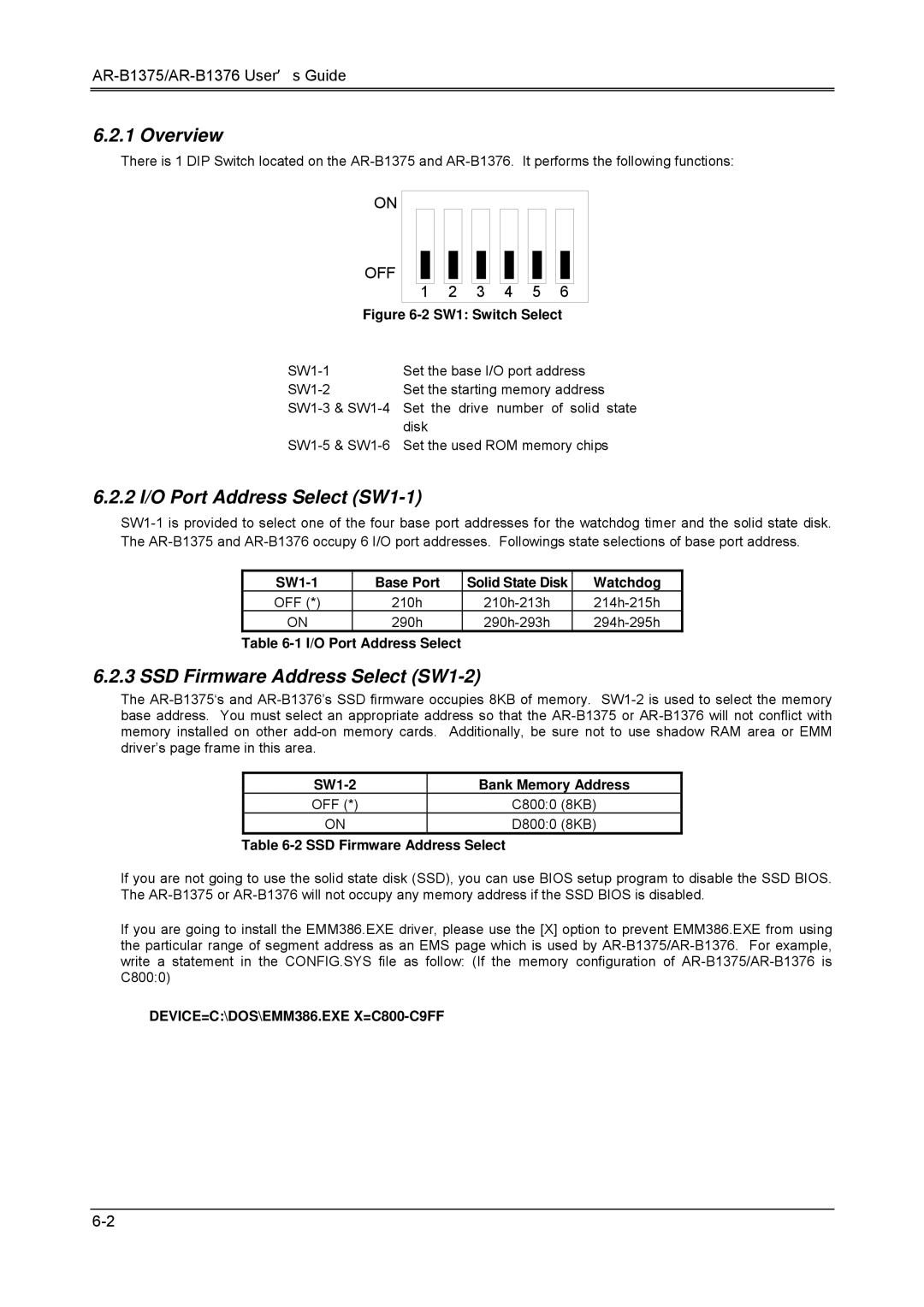 Toshiba AR-B1376, AR-B1375, 386SX manual Overview, 2 I/O Port Address Select SW1-1, SSD Firmware Address Select SW1-2 