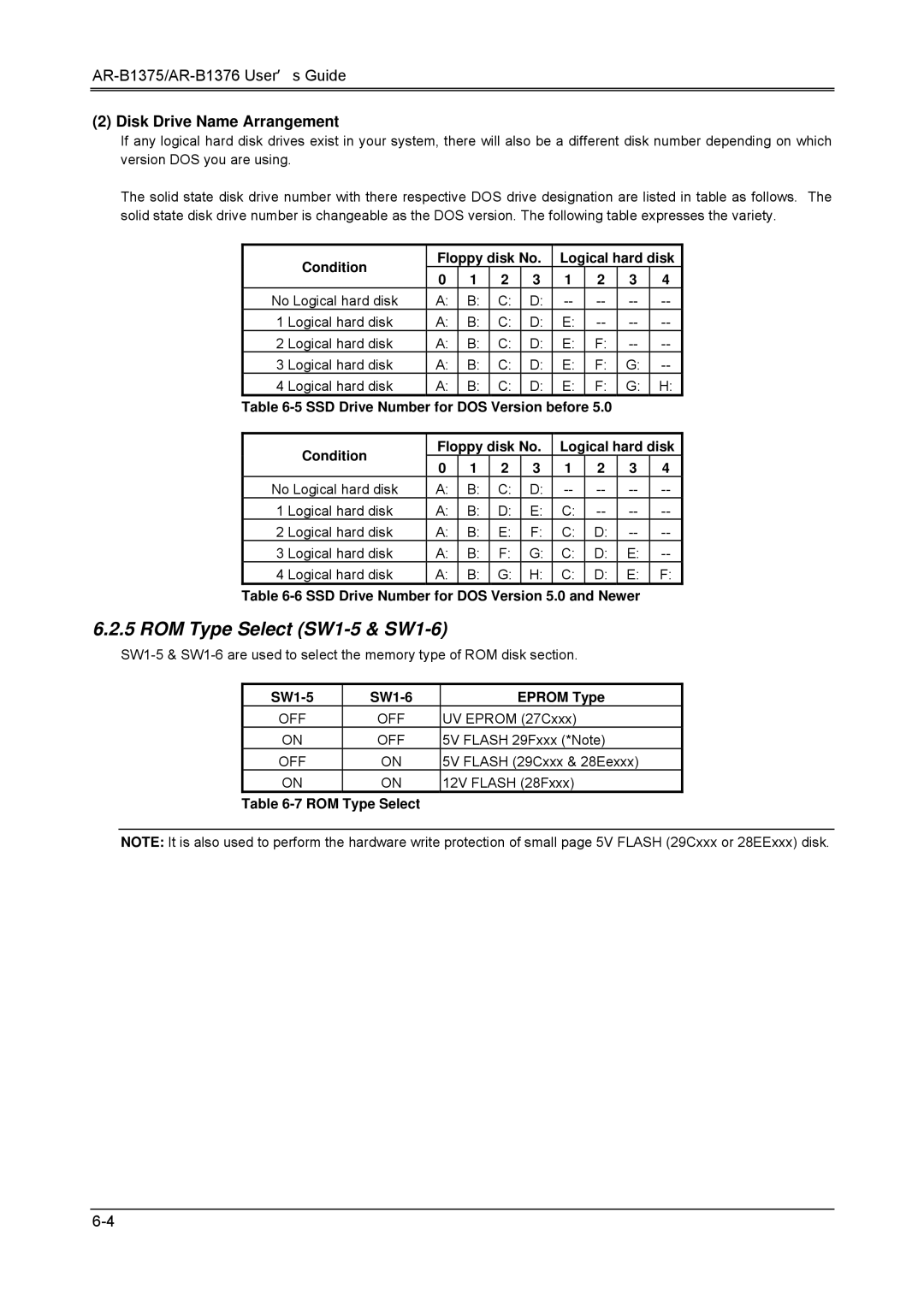 Toshiba 386SX, AR-B1376, AR-B1375 manual ROM Type Select SW1-5 & SW1-6, Disk Drive Name Arrangement 