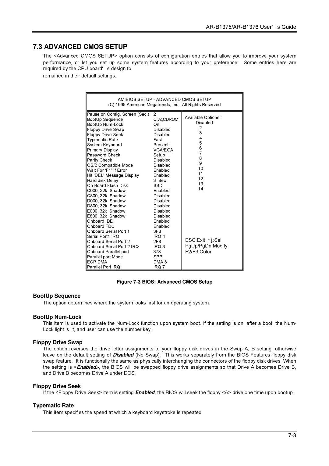 Toshiba AR-B1375, AR-B1376, 386SX manual Advanced Cmos Setup 