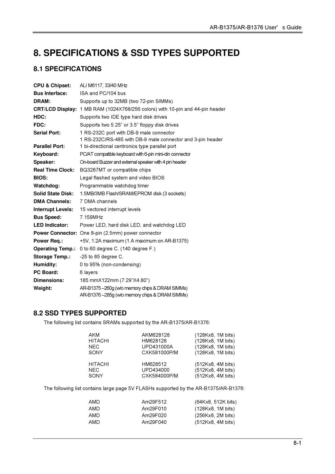 Toshiba AR-B1375, AR-B1376, 386SX manual Specifications & SSD Types Supported 