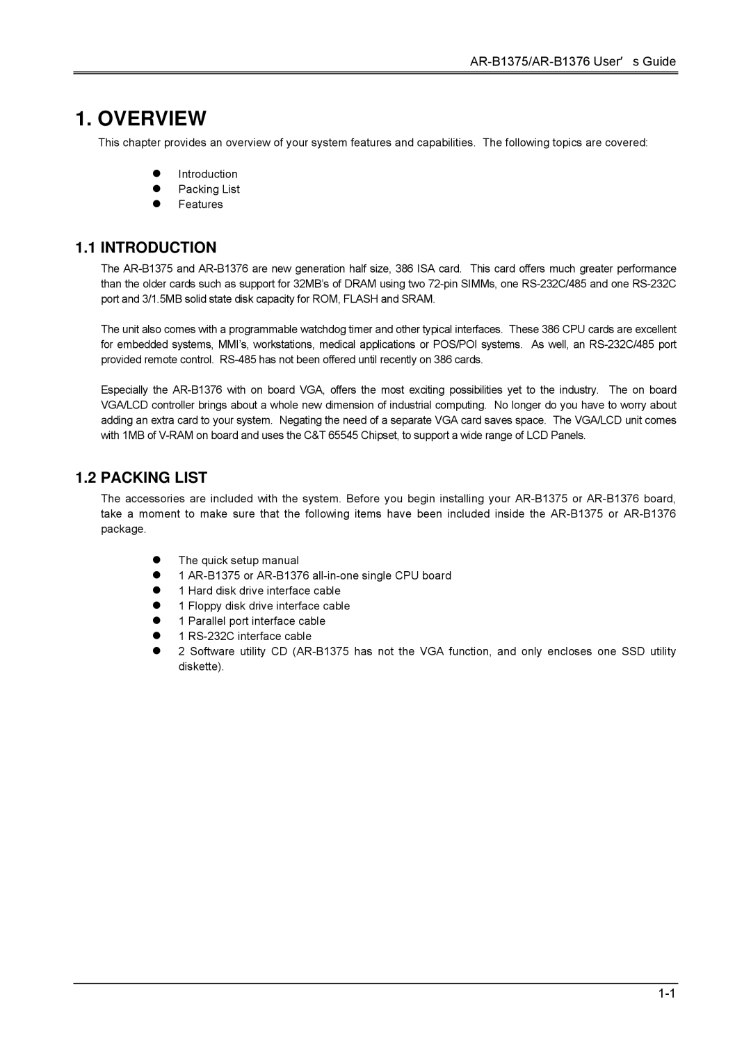 Toshiba AR-B1375, AR-B1376, 386SX manual Overview, Introduction, Packing List 