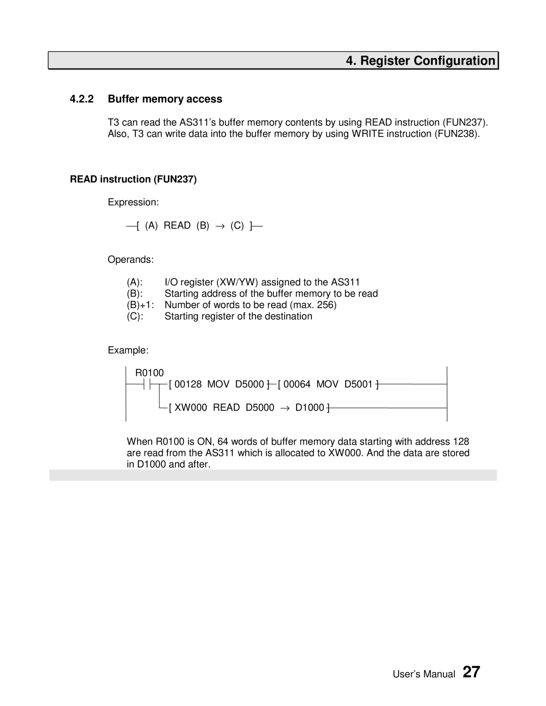 Toshiba AS311 user manual Buffer memory access, Read instruction FUN237 