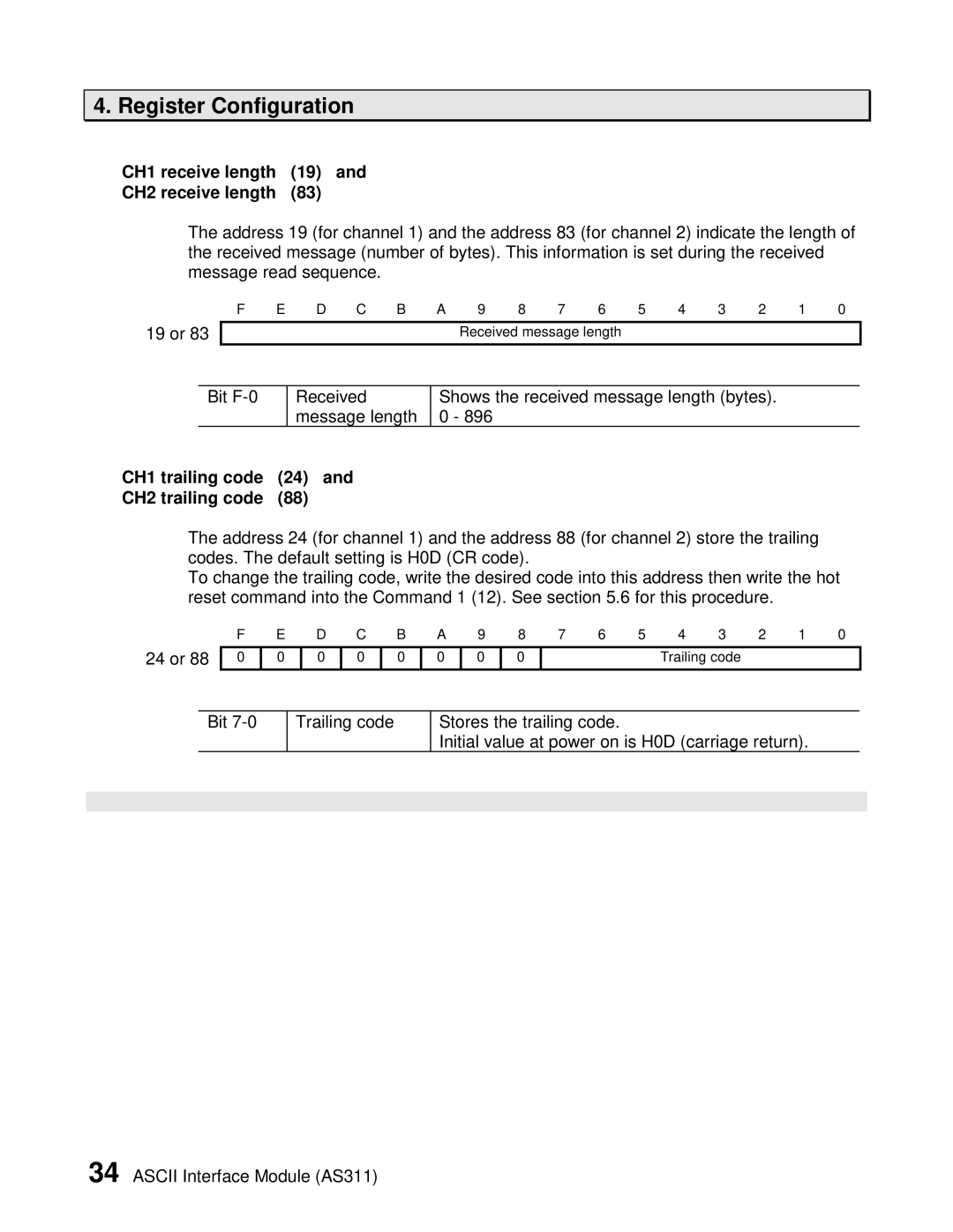 Toshiba AS311 user manual CH1 receive length 19 CH2 receive length, CH1 trailing code 24 CH2 trailing code 