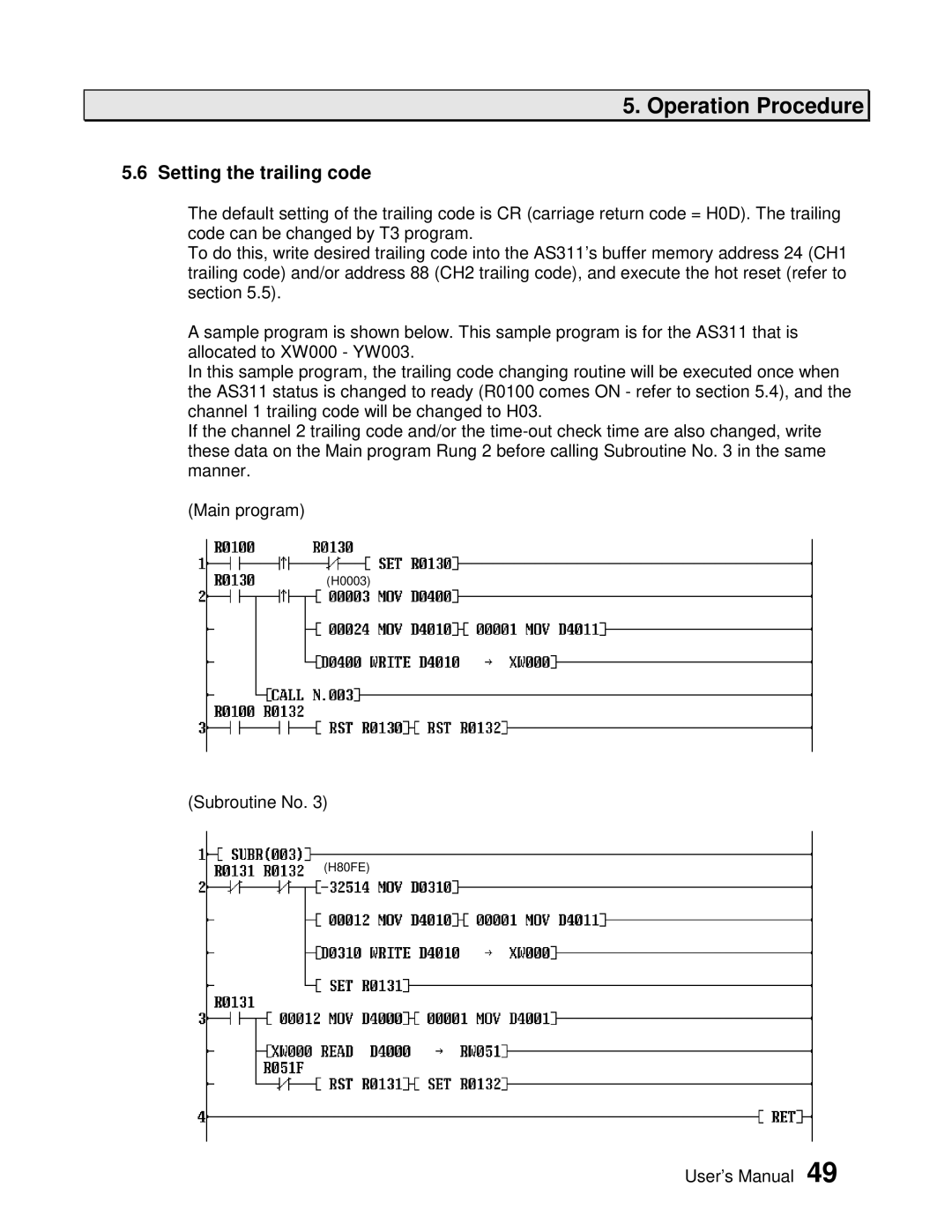 Toshiba AS311 user manual Setting the trailing code 