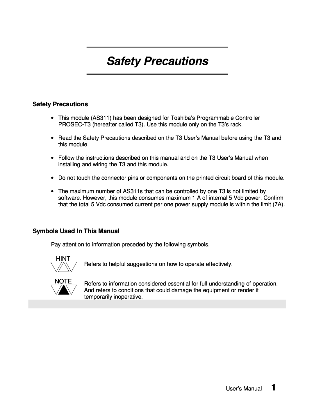 Toshiba AS311 user manual Safety Precautions, Symbols Used In This Manual, Hint 