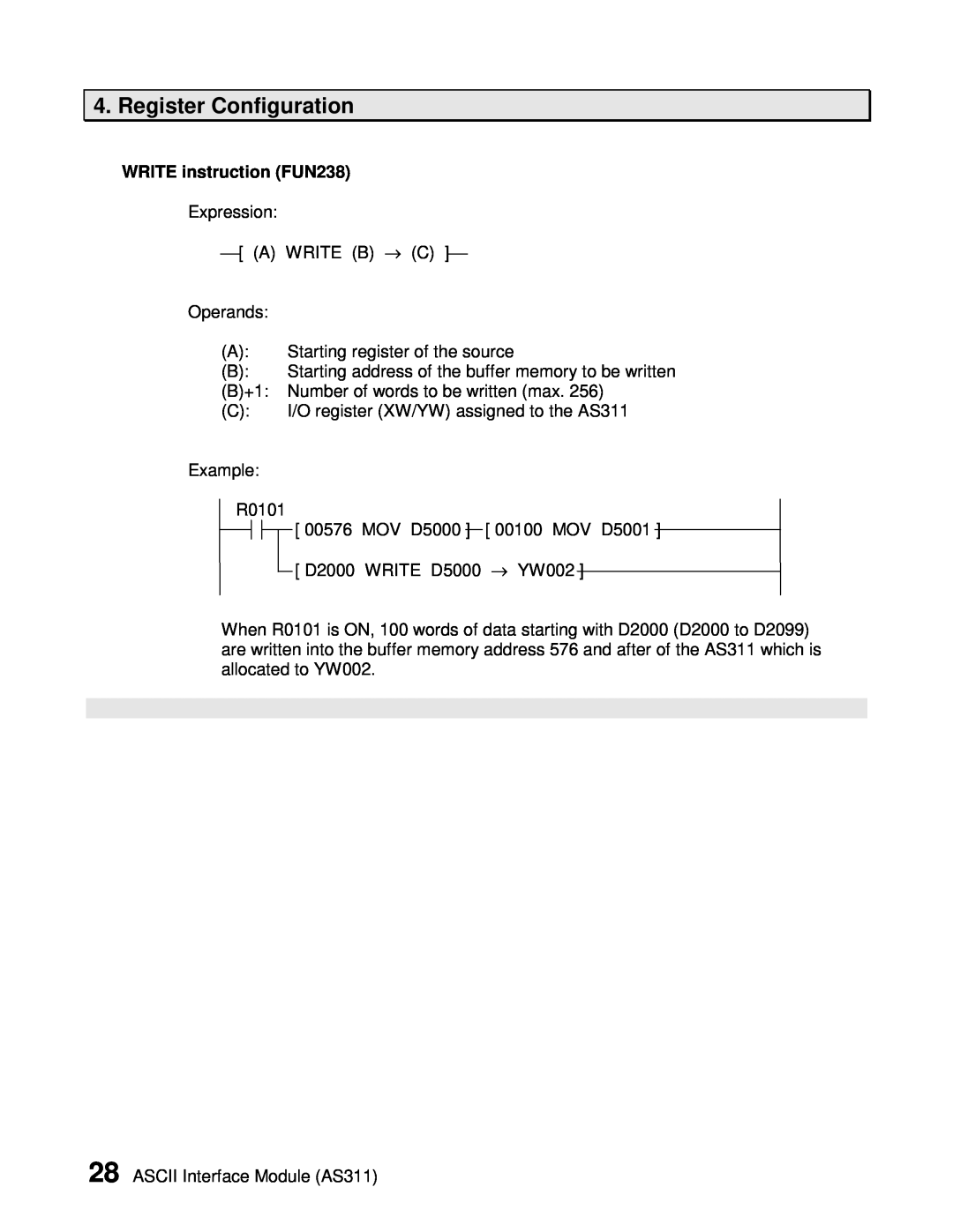 Toshiba AS311 user manual WRITE instruction FUN238, Register Configuration 