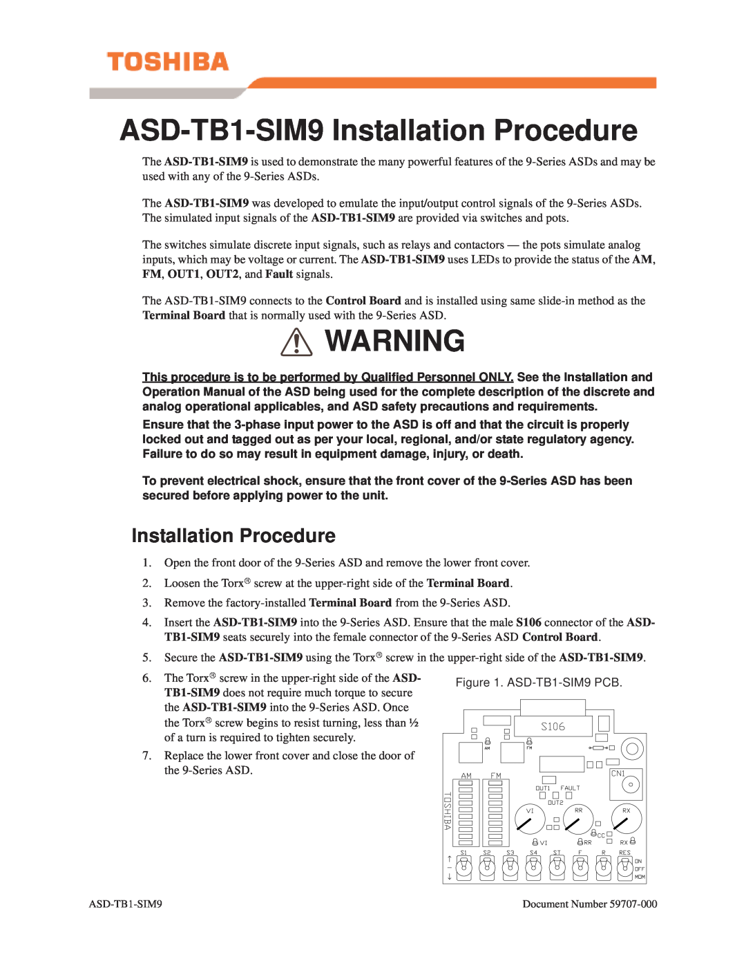 Toshiba operation manual ASD-TB1-SIM9 Installation Procedure, ASD-TB1-SIM9 PCB 
