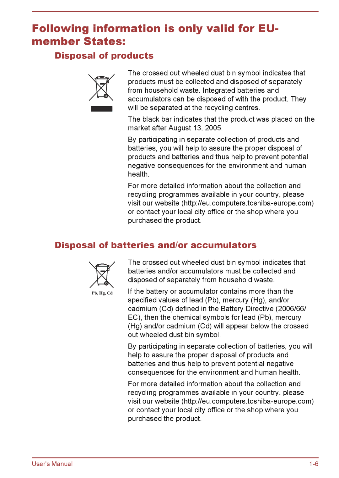 Toshiba AT10-A user manual Following information is only valid for EU- member States, Disposal of products 