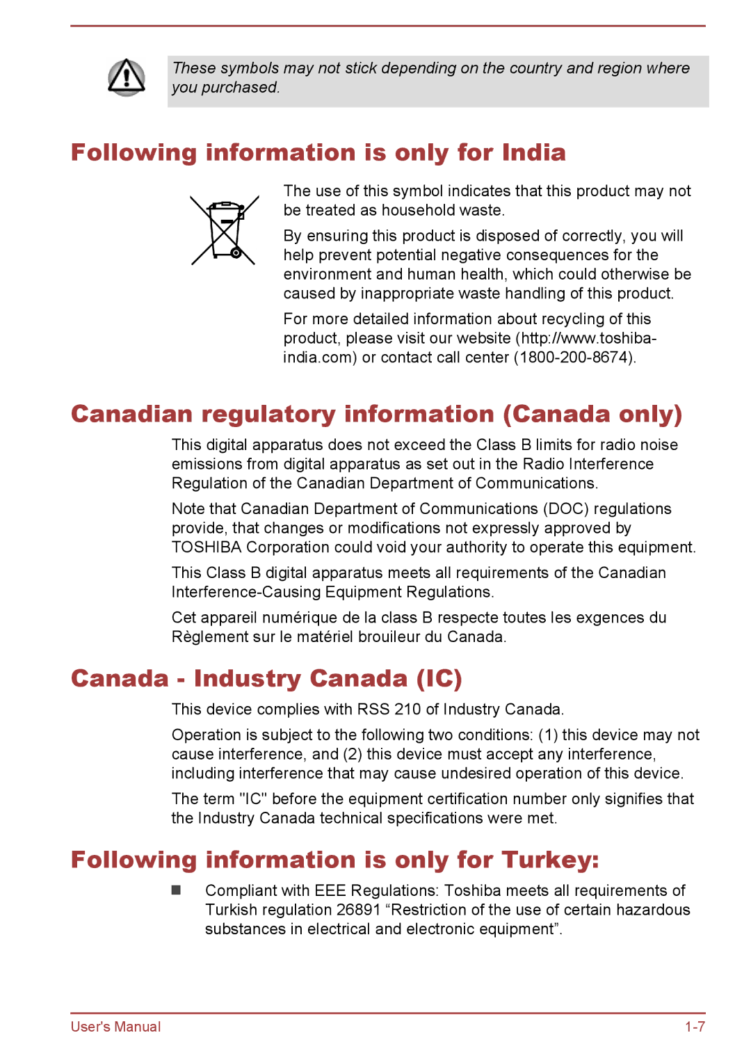 Toshiba AT10-A user manual Following information is only for India, Canadian regulatory information Canada only 