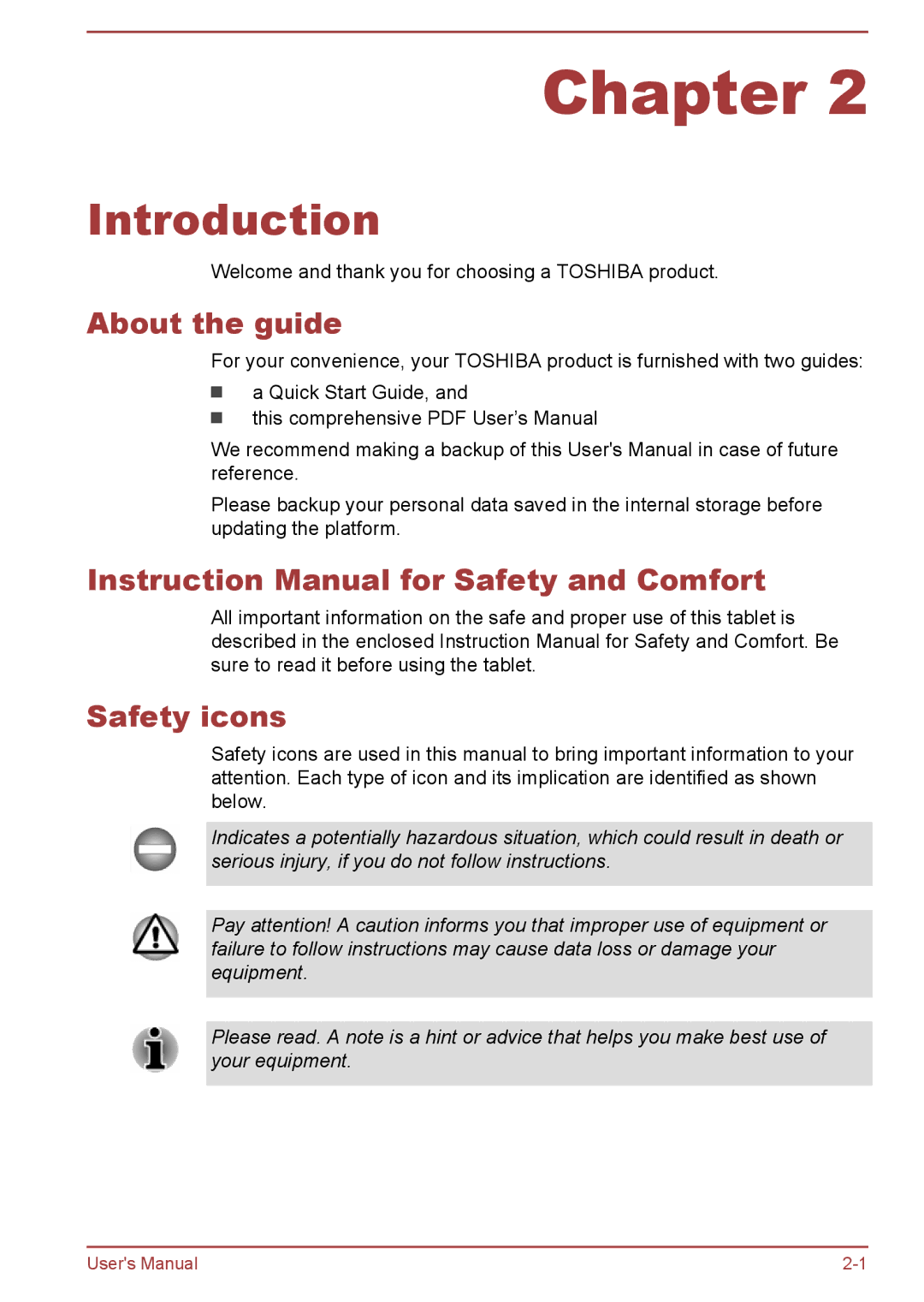 Toshiba AT10-A user manual Introduction, About the guide, Safety icons 