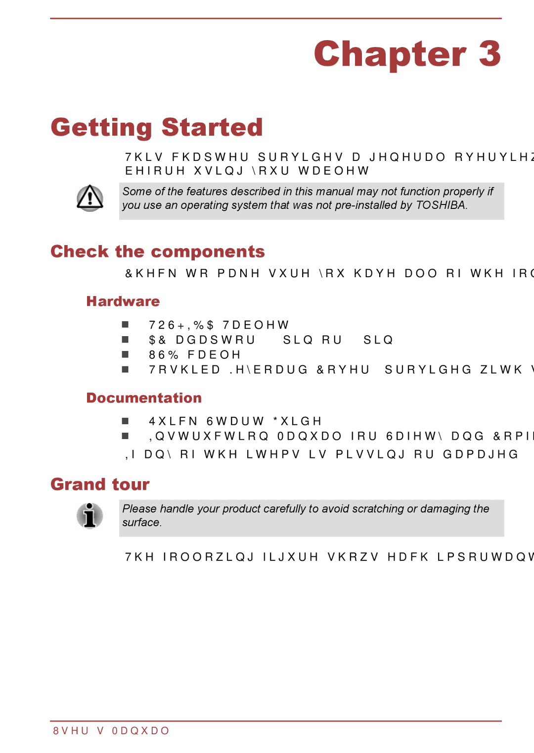 Toshiba AT10-A user manual Getting Started, Check the components, Grand tour, Hardware, Documentation 