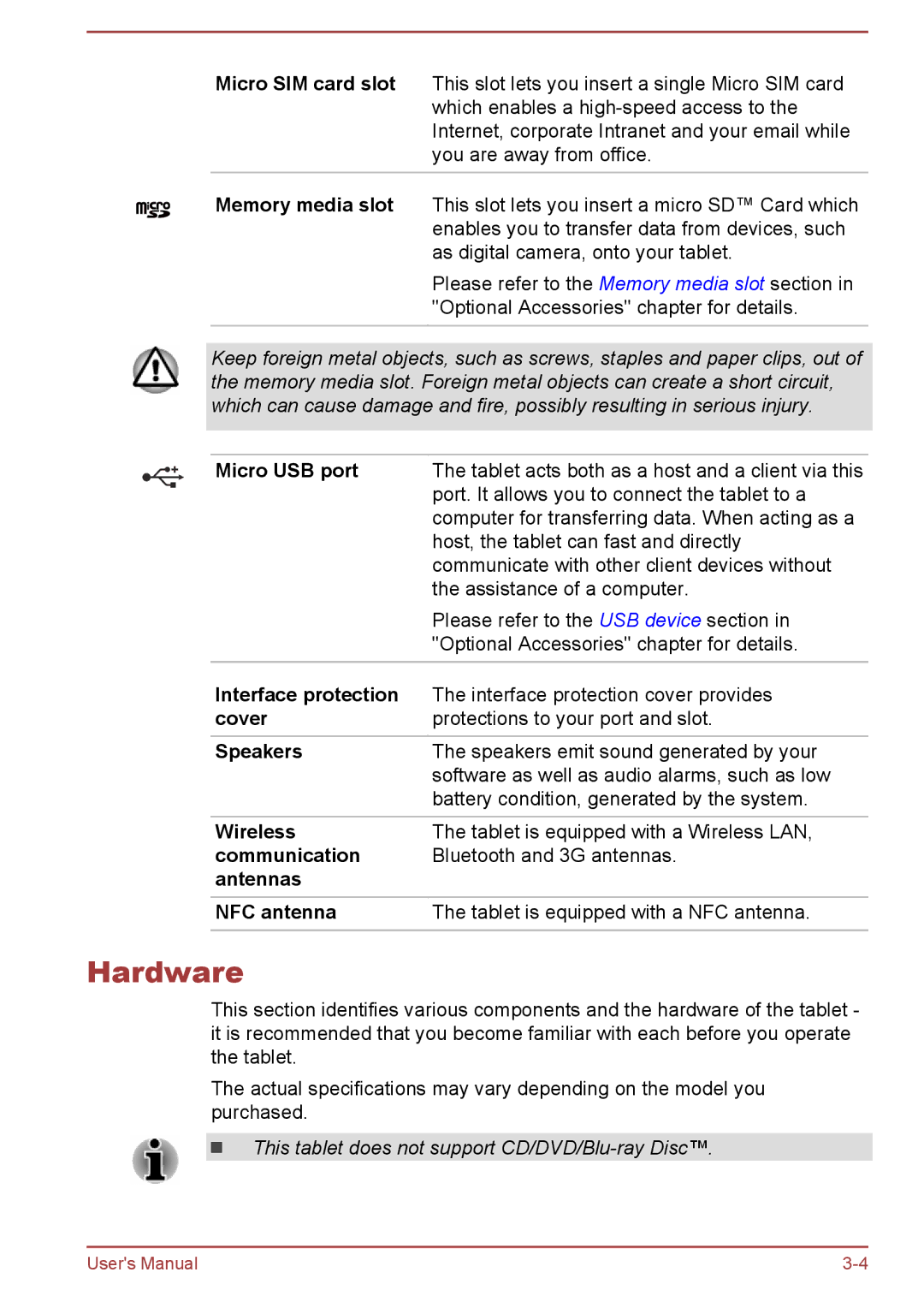 Toshiba AT10-A user manual Hardware 