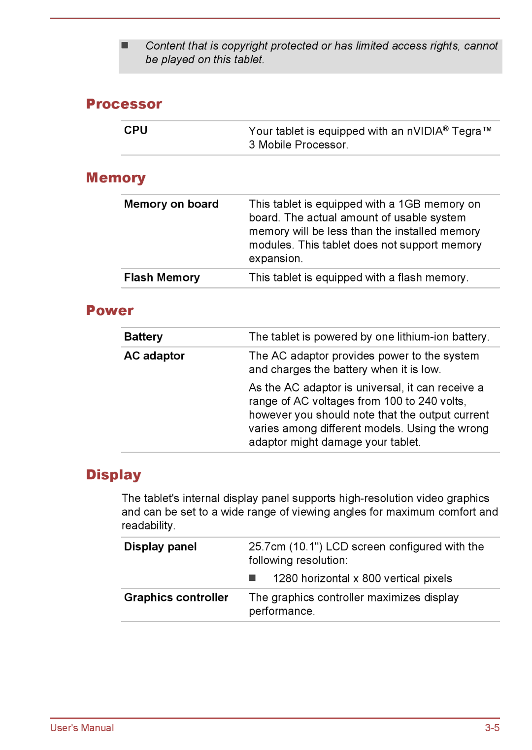 Toshiba AT10-A user manual Processor, Memory, Power, Display 