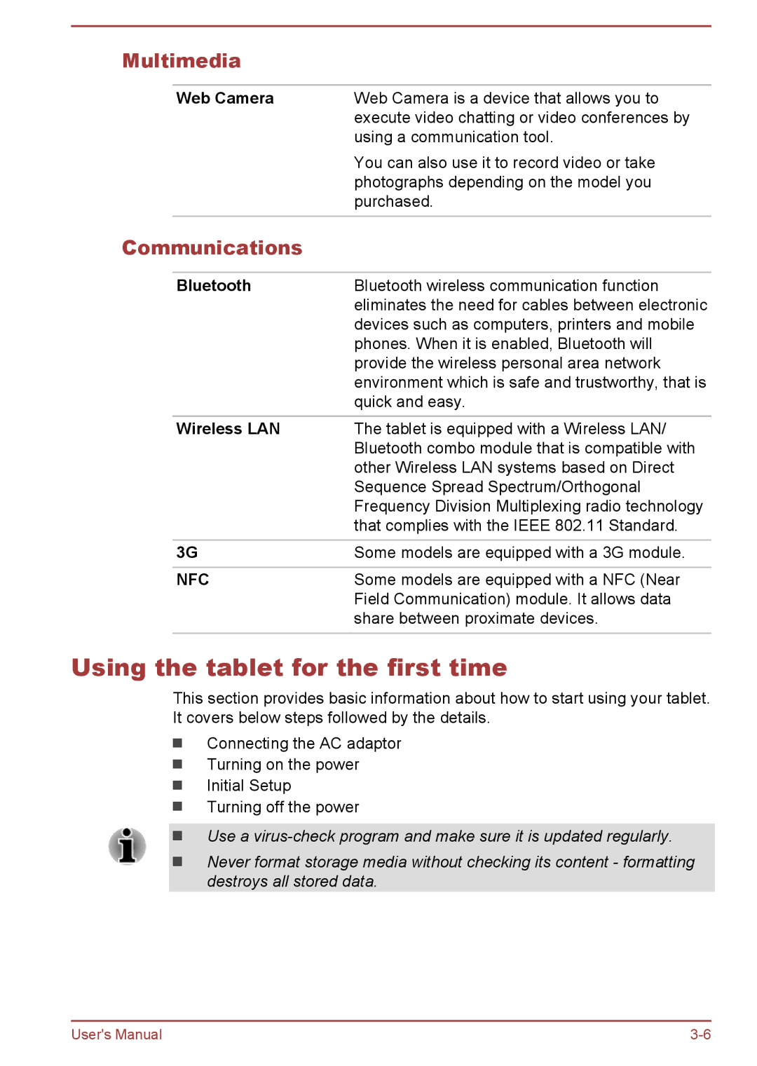 Toshiba AT10-A user manual Using the tablet for the first time, Multimedia, Communications 