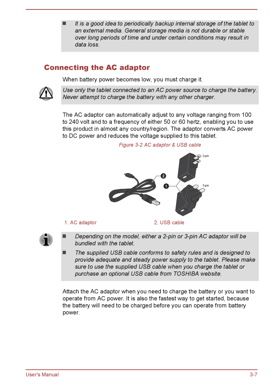 Toshiba AT10-A user manual Connecting the AC adaptor, AC adaptor & USB cable 