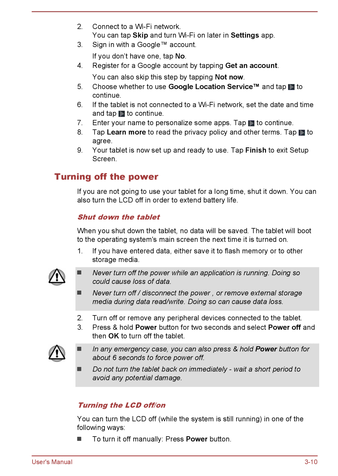 Toshiba AT10-A user manual Turning off the power, Shut down the tablet, Turning the LCD off/on 