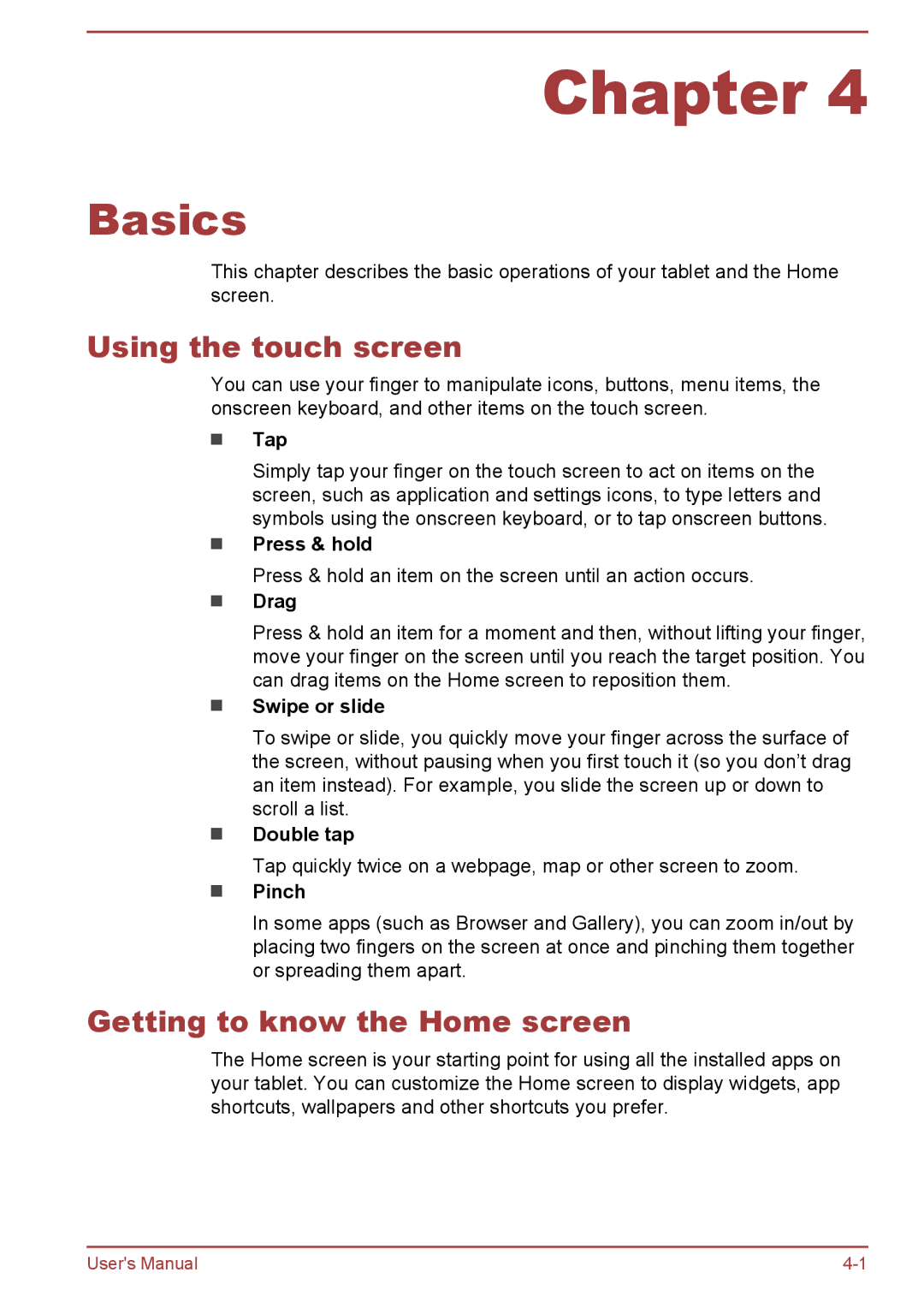 Toshiba AT10-A user manual Basics, Using the touch screen, Getting to know the Home screen 