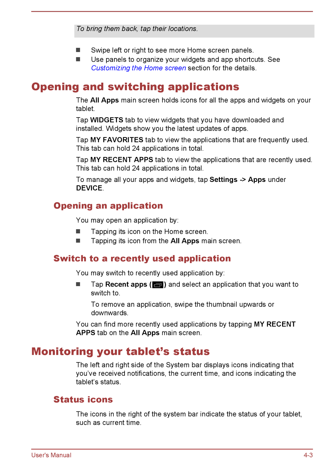 Toshiba AT10-A Opening and switching applications, Monitoring your tablet’s status, Opening an application, Status icons 