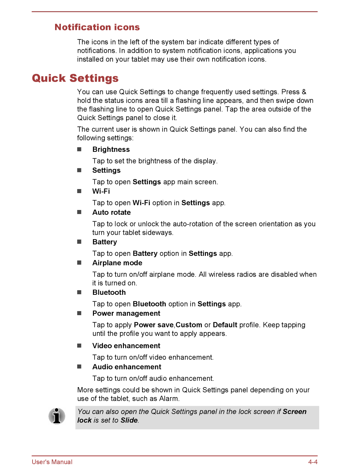 Toshiba AT10-A user manual Quick Settings, Notification icons 