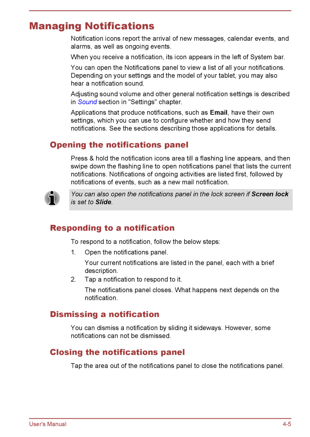 Toshiba AT10-A user manual Managing Notifications, Opening the notifications panel, Responding to a notification 