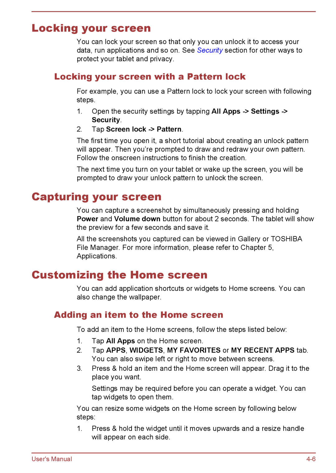Toshiba AT10-A Locking your screen, Capturing your screen, Customizing the Home screen, Adding an item to the Home screen 