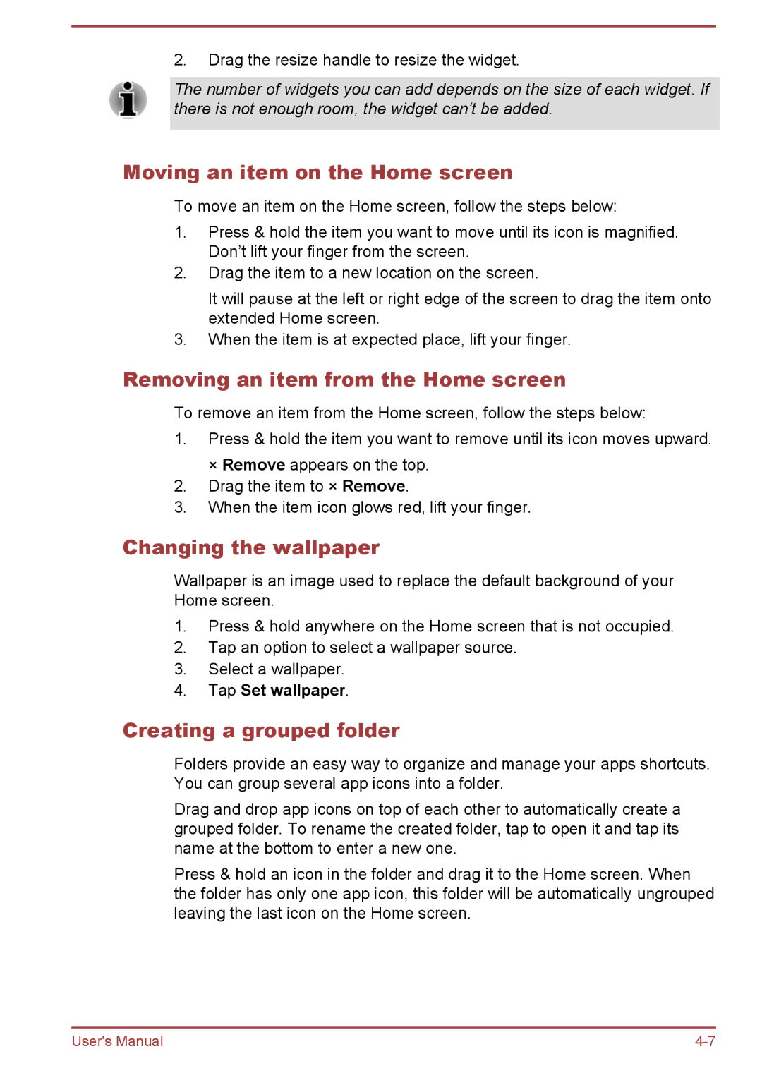 Toshiba AT10-A user manual Moving an item on the Home screen, Removing an item from the Home screen, Changing the wallpaper 