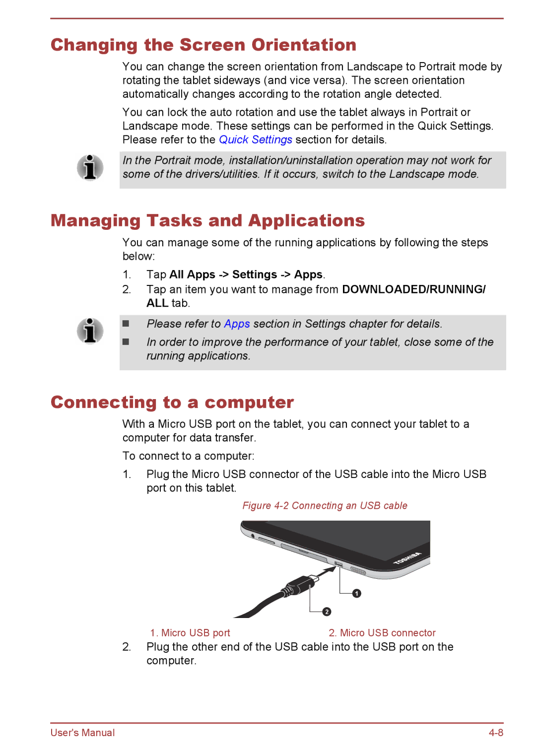 Toshiba AT10-A user manual Changing the Screen Orientation, Managing Tasks and Applications, Connecting to a computer 