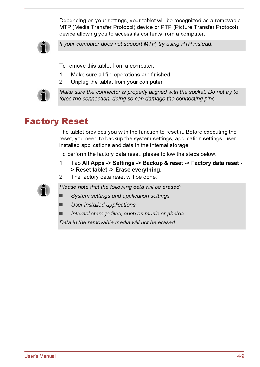 Toshiba AT10-A user manual Factory Reset 