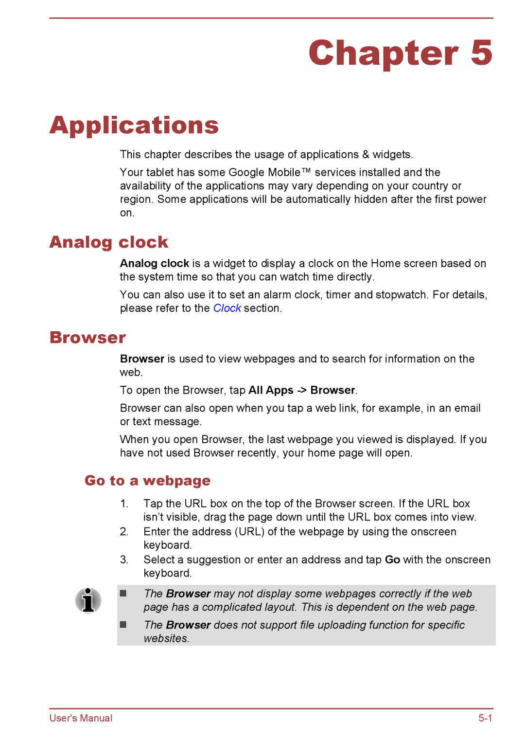 Toshiba AT10-A user manual Applications, Analog clock, Browser, Go to a webpage 