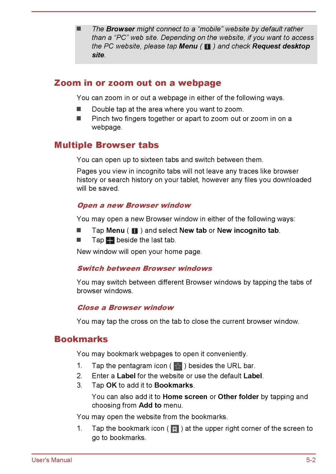 Toshiba AT10-A user manual Zoom in or zoom out on a webpage, Multiple Browser tabs, Bookmarks 