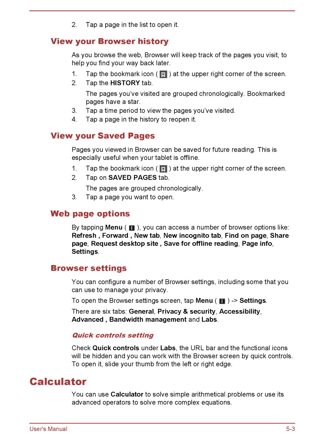 Toshiba AT10-A user manual Calculator, View your Browser history, View your Saved Pages, Web page options, Browser settings 