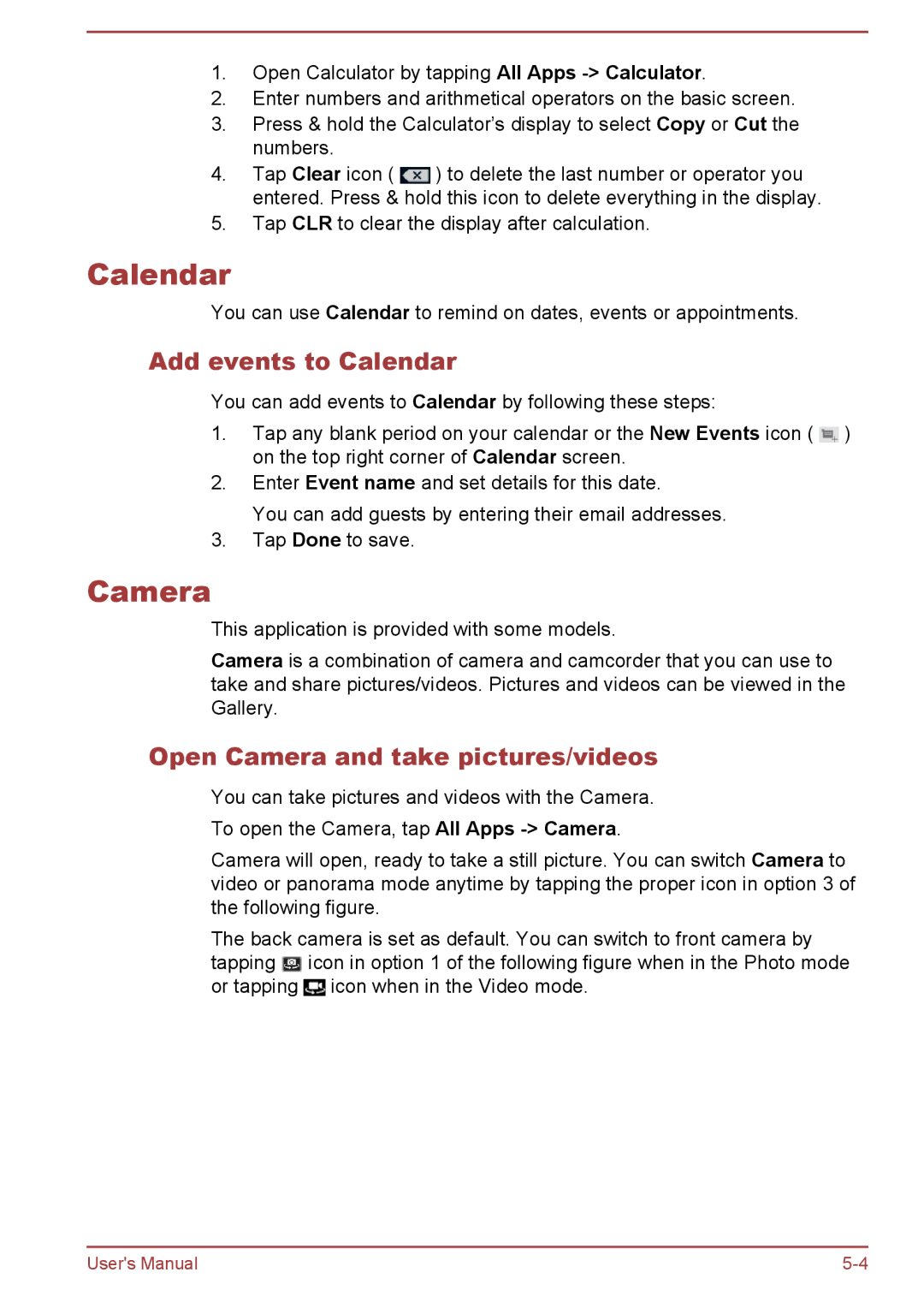 Toshiba AT10-A user manual Add events to Calendar, Open Camera and take pictures/videos 