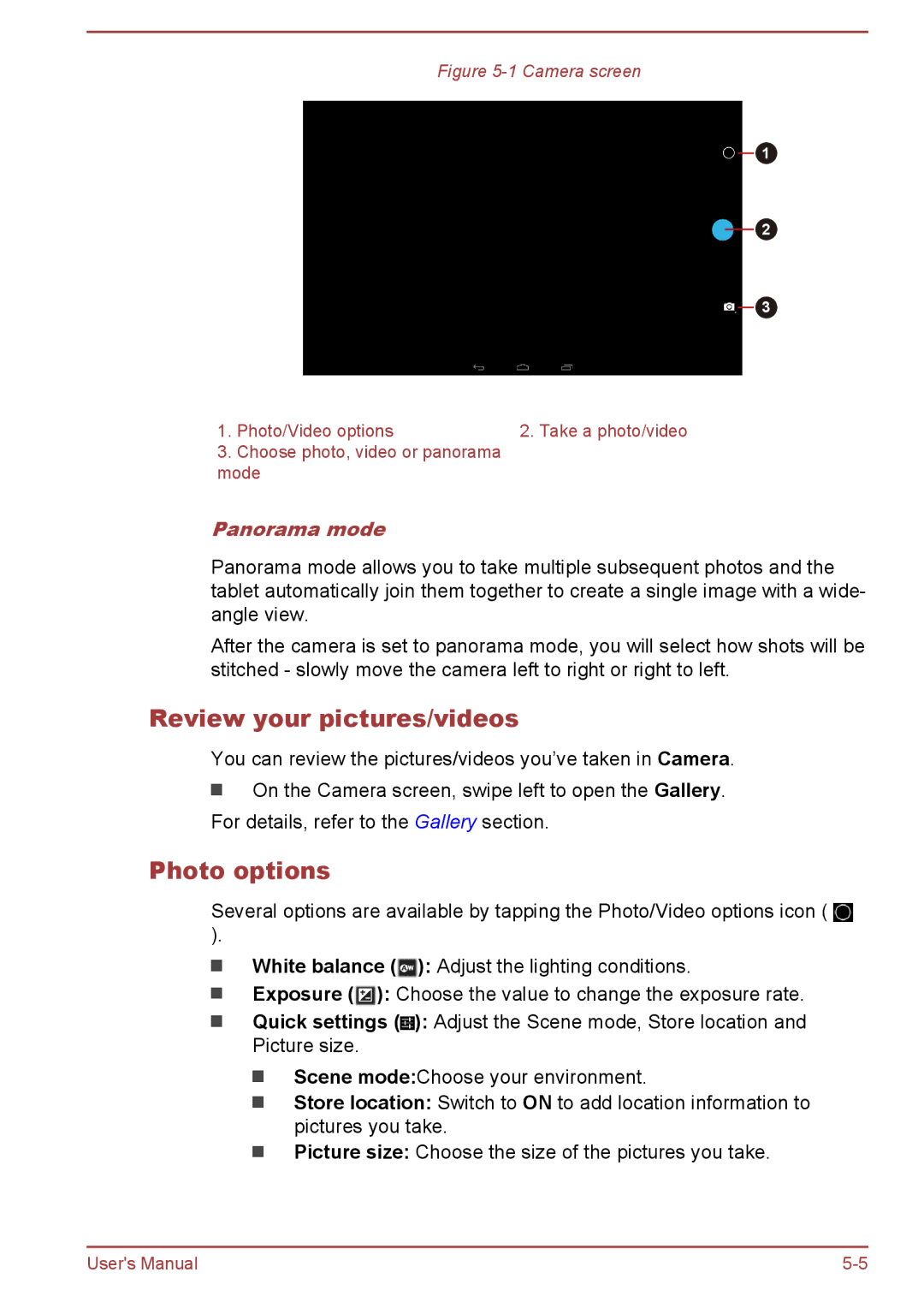 Toshiba AT10-A user manual Review your pictures/videos, Photo options, Panorama mode 