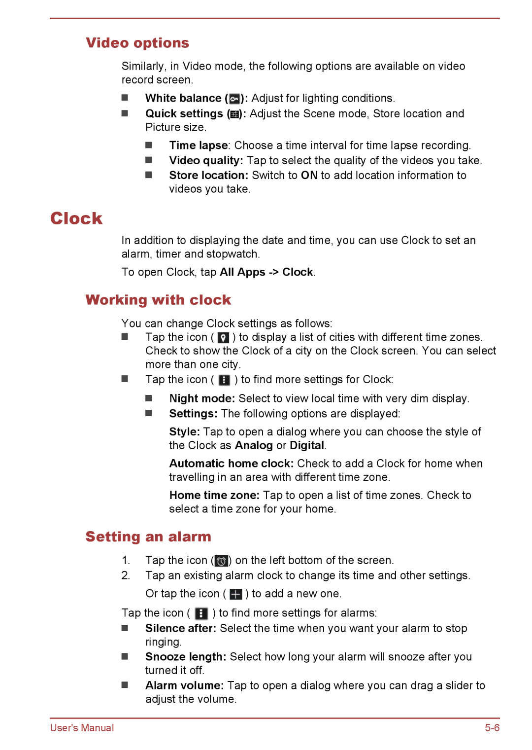 Toshiba AT10-A user manual Clock, Video options, Working with clock, Setting an alarm 