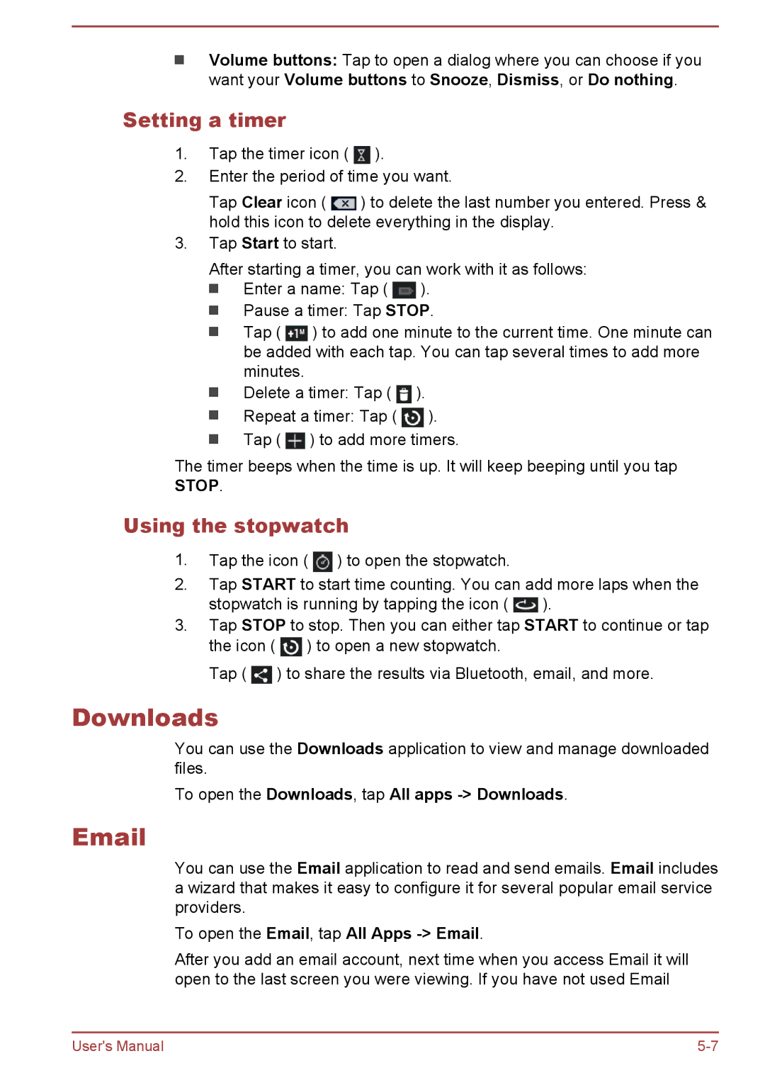 Toshiba AT10-A user manual Setting a timer, Using the stopwatch, To open the Downloads, tap All apps Downloads 