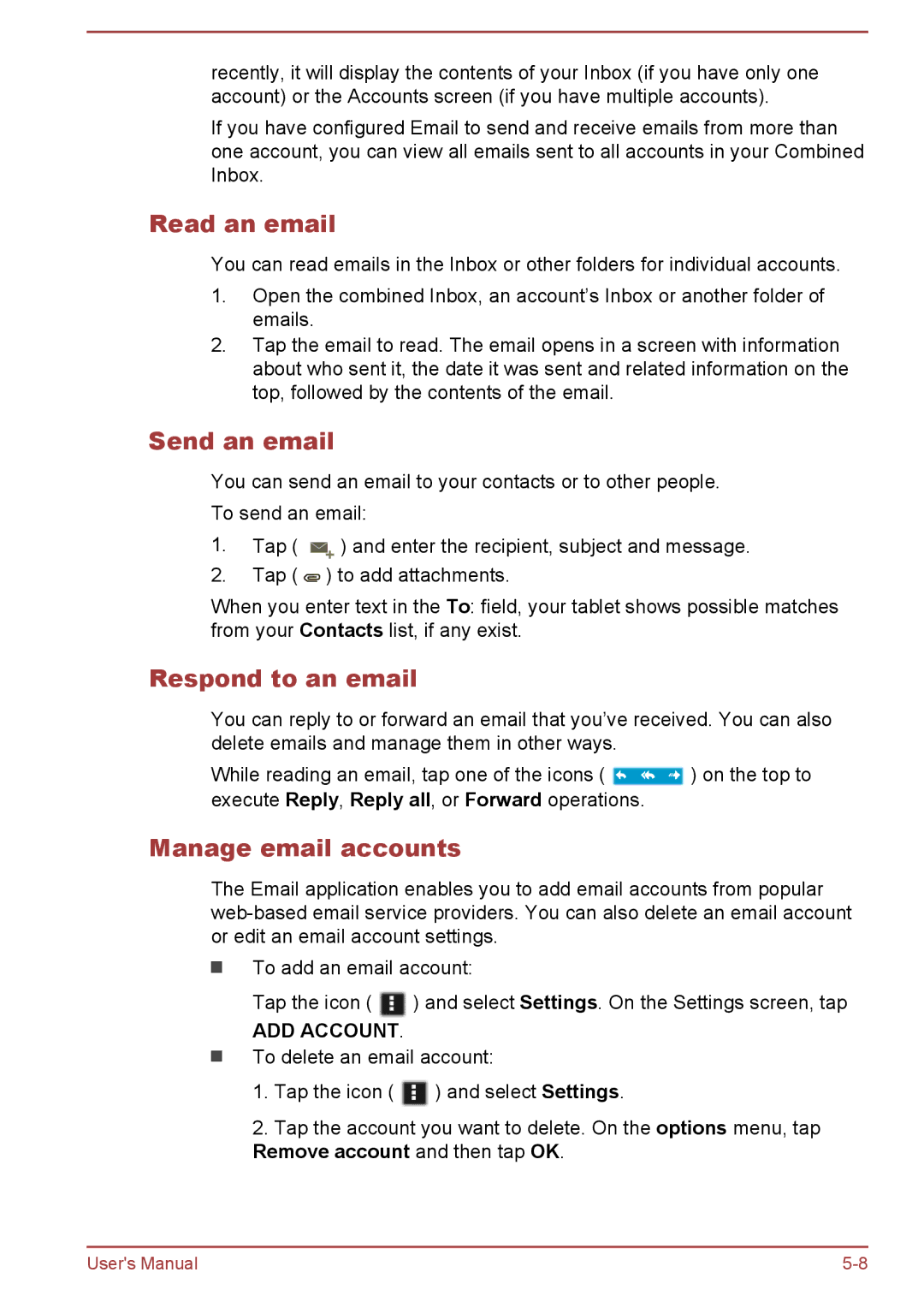 Toshiba AT10-A user manual Read an email, Send an email, Respond to an email, Manage email accounts 