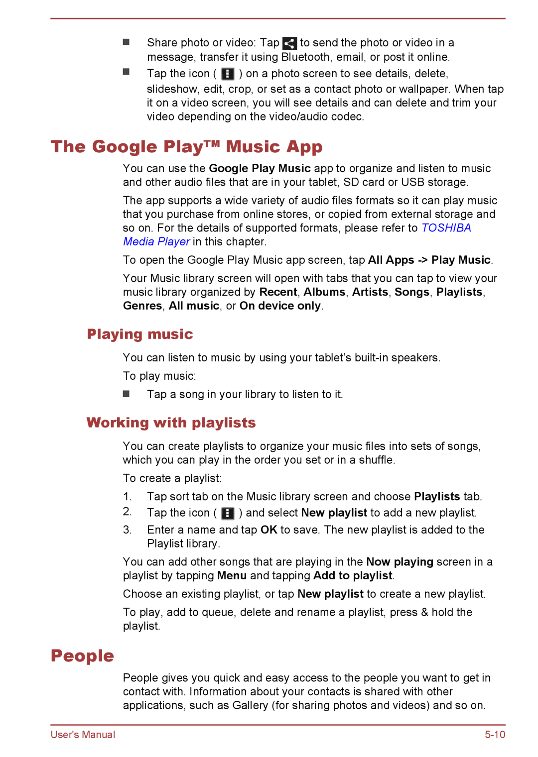 Toshiba AT10-A user manual Google Play Music App, People, Playing music, Working with playlists 