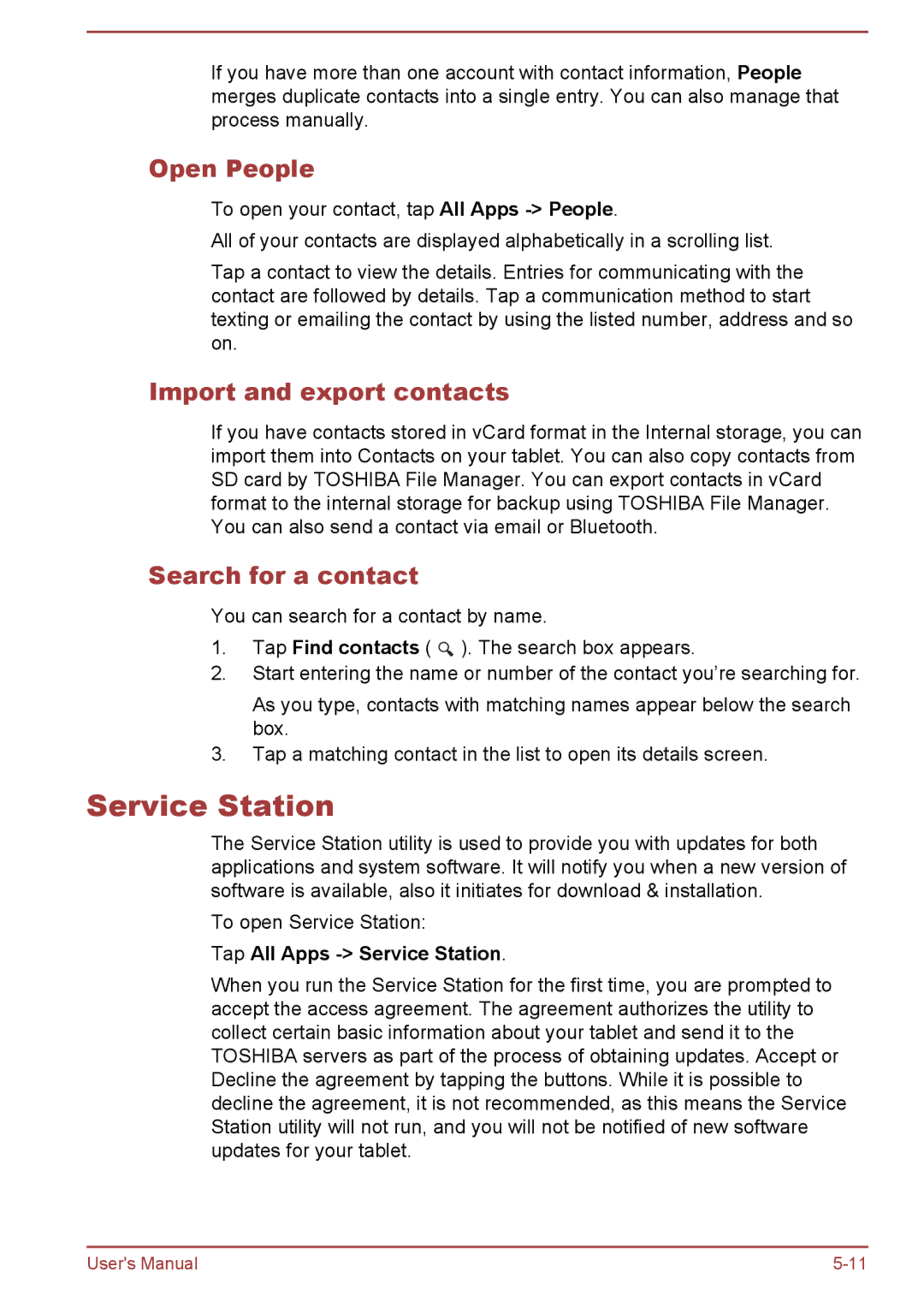 Toshiba AT10-A user manual Service Station, Open People, Import and export contacts, Search for a contact 