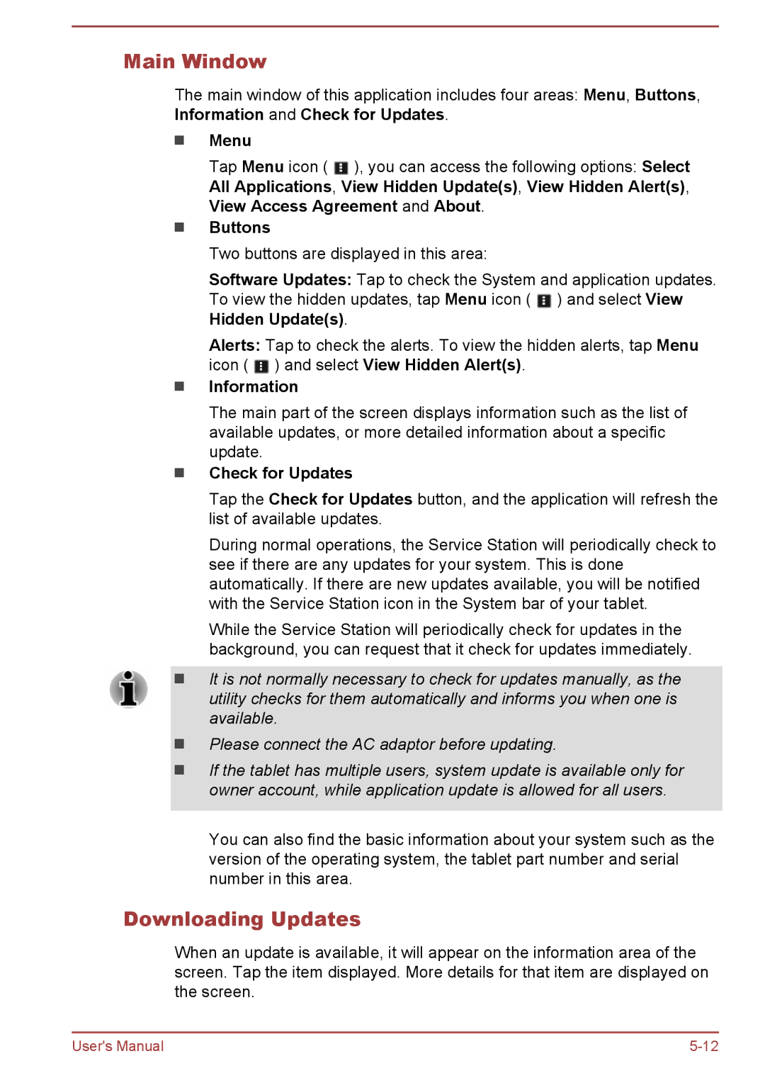 Toshiba AT10-A user manual Main Window, Downloading Updates 