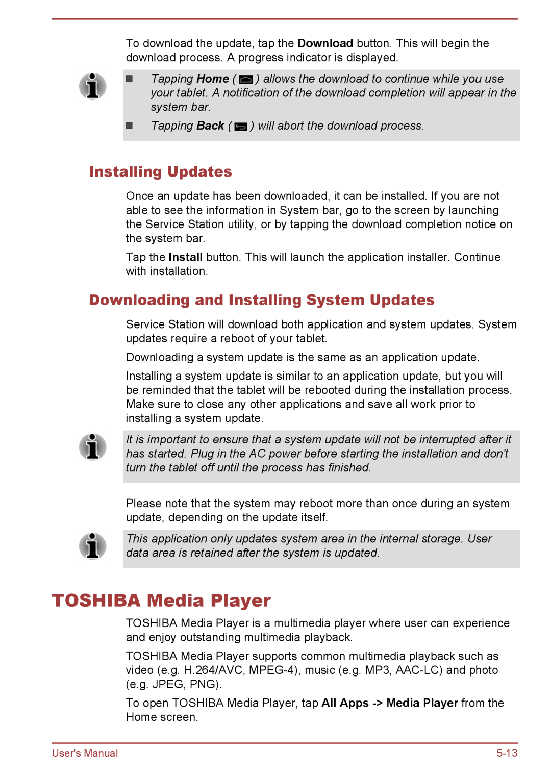 Toshiba AT10-A user manual Toshiba Media Player, Installing Updates, Downloading and Installing System Updates 