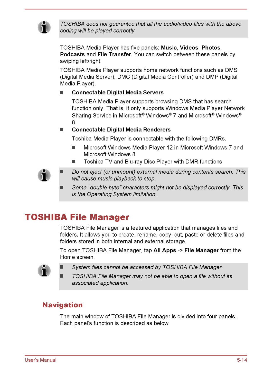 Toshiba AT10-A Toshiba File Manager, Navigation, Connectable Digital Media Servers, Connectable Digital Media Renderers 