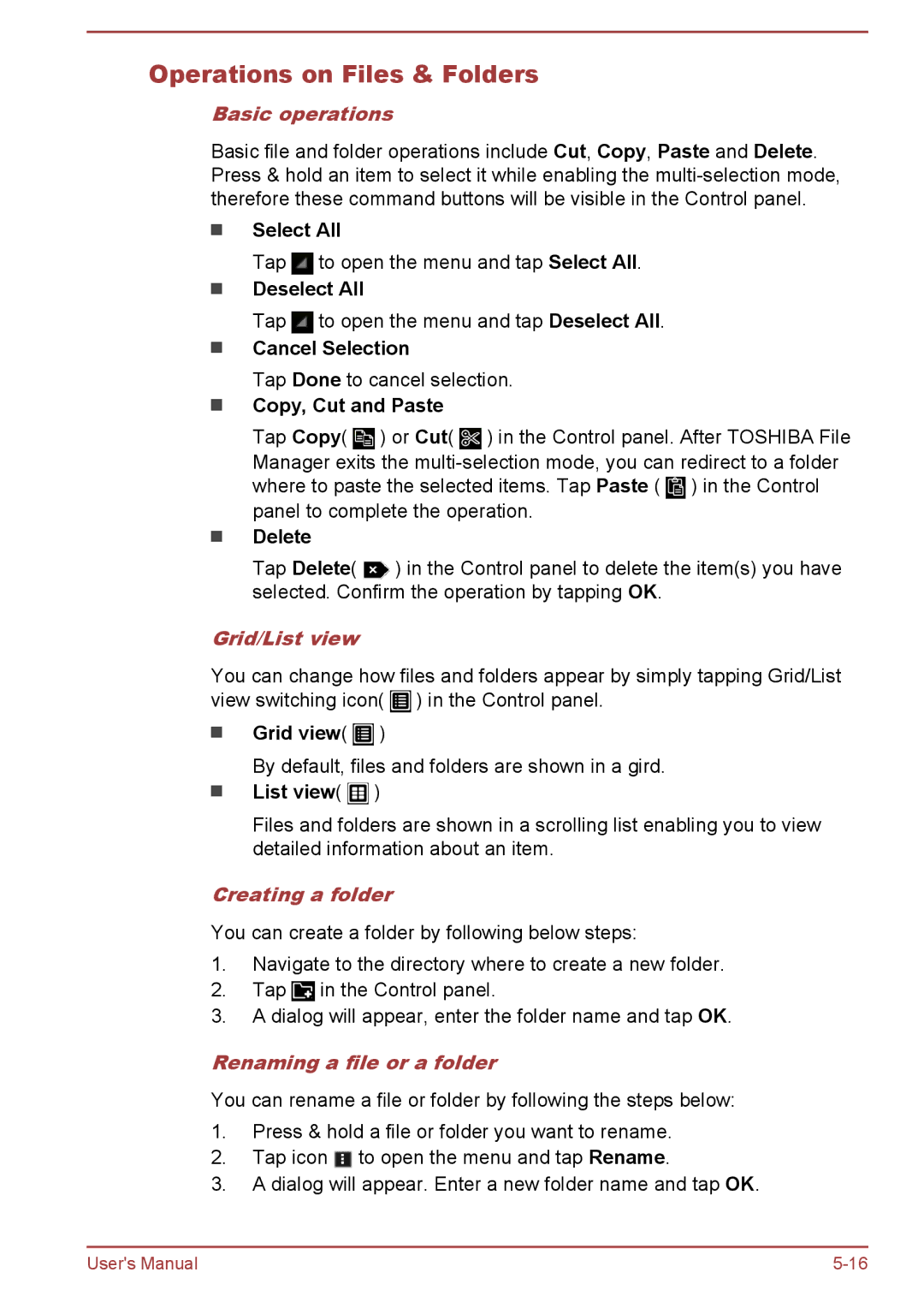 Toshiba AT10-A user manual Operations on Files & Folders, Basic operations, Grid/List view, Creating a folder 