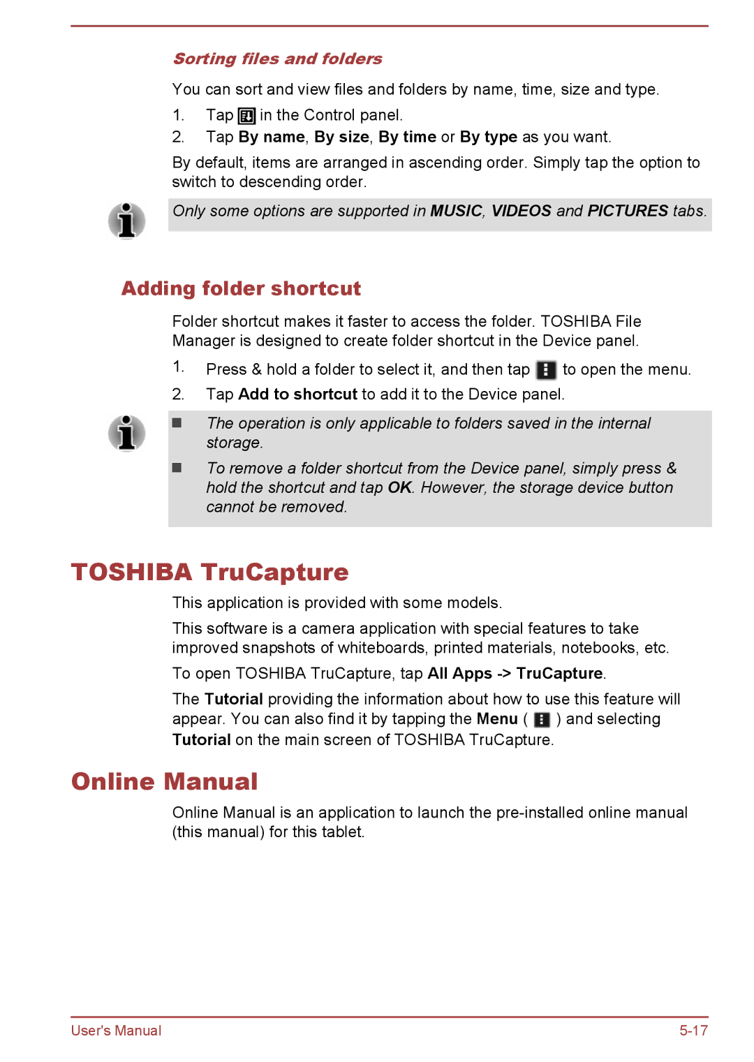 Toshiba AT10-A user manual Toshiba TruCapture, Online Manual, Adding folder shortcut, Sorting files and folders 