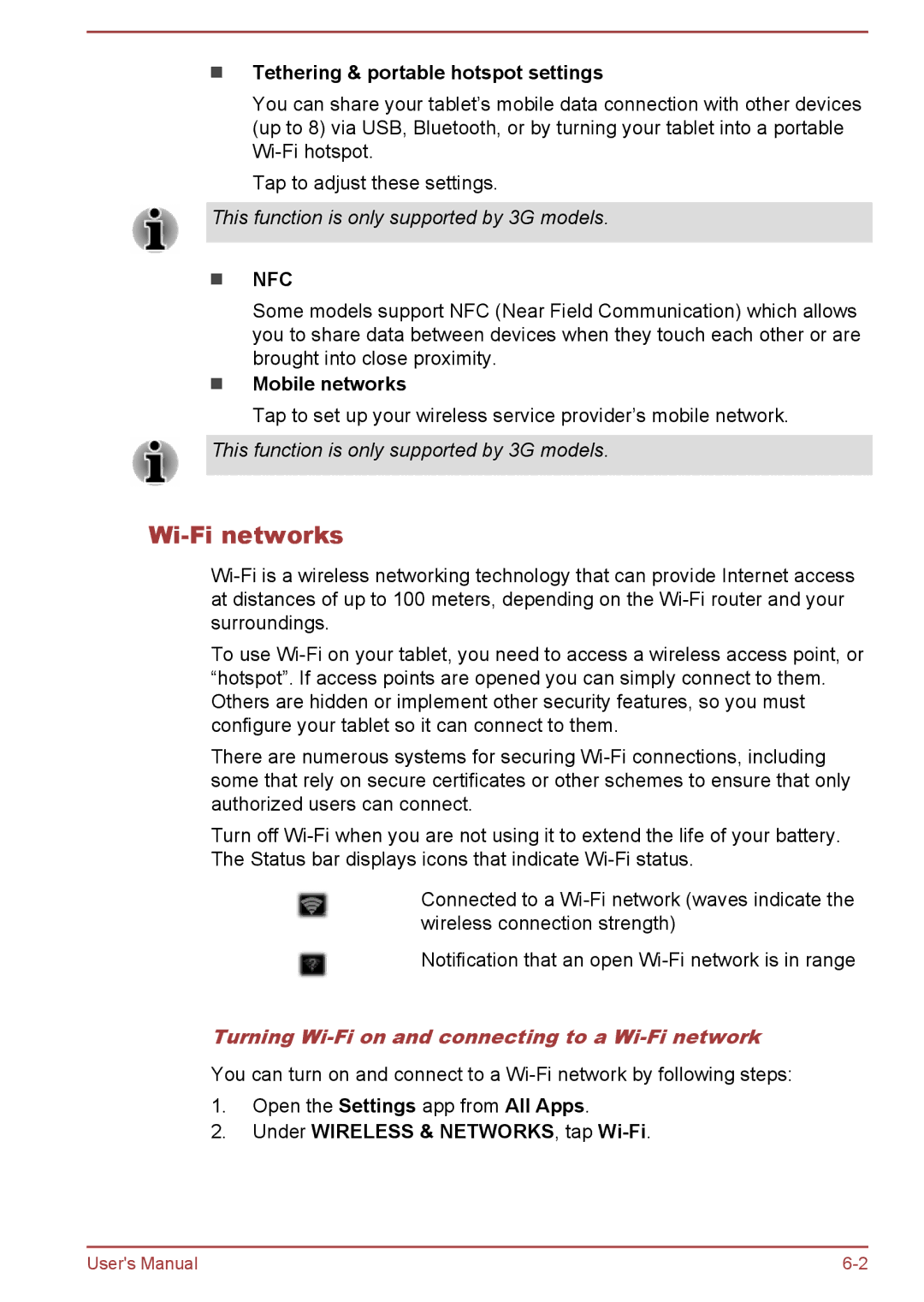 Toshiba AT10-A user manual Wi-Fi networks, Tethering & portable hotspot settings, Mobile networks 