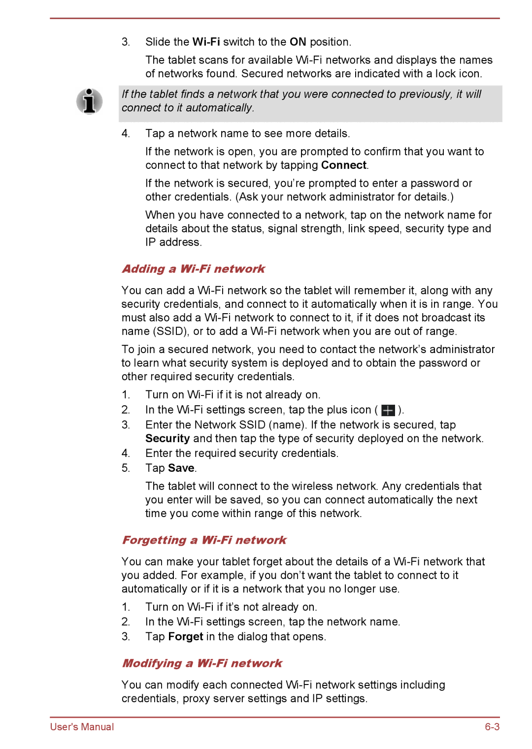 Toshiba AT10-A user manual Adding a Wi-Fi network, Forgetting a Wi-Fi network, Modifying a Wi-Fi network 