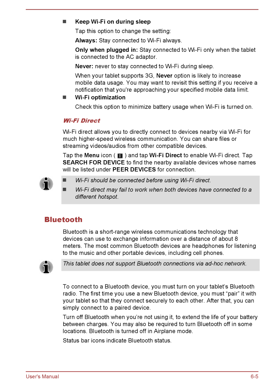 Toshiba AT10-A user manual Bluetooth, Keep Wi-Fi on during sleep, Wi-Fi optimization, Wi-Fi Direct 