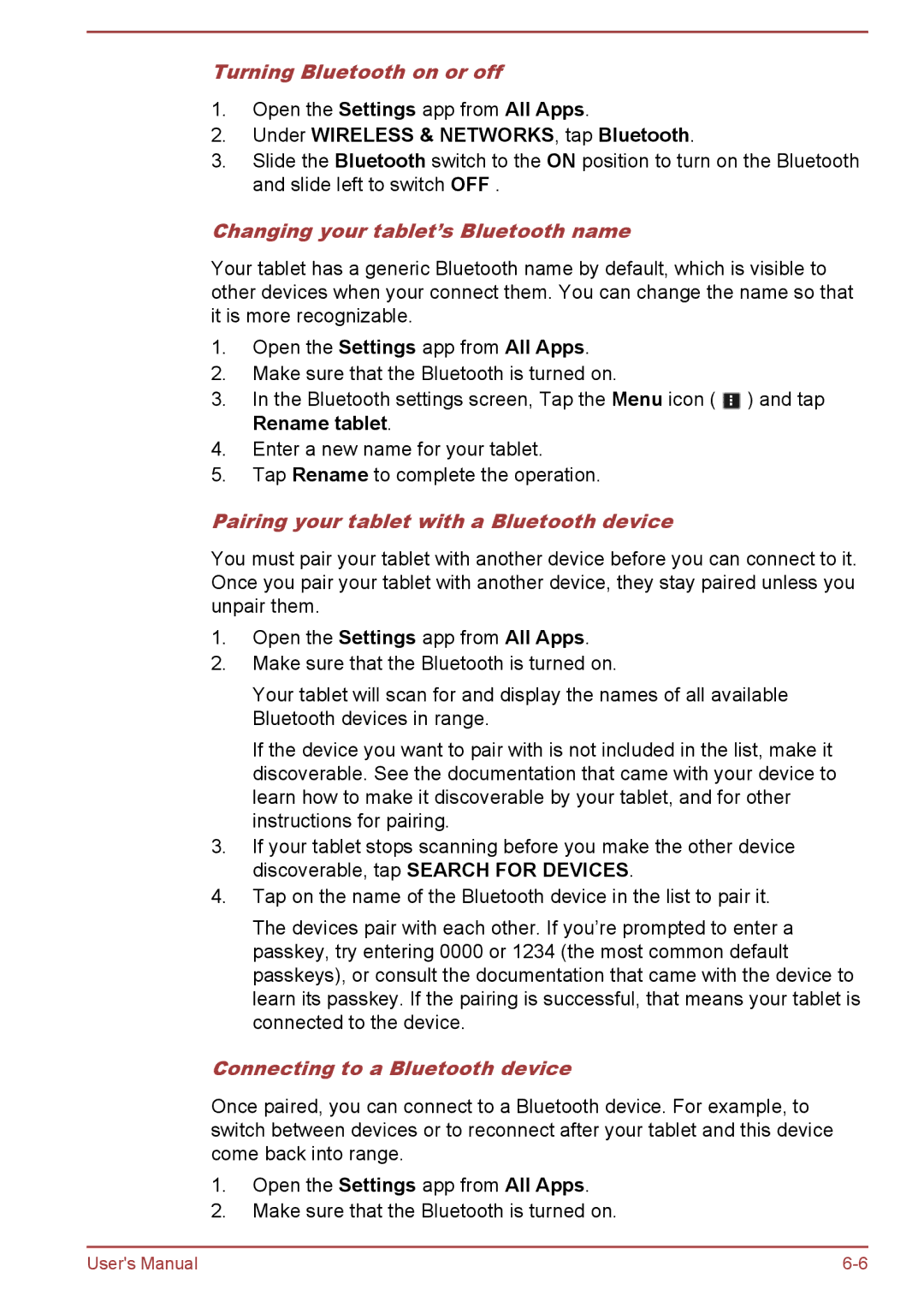 Toshiba AT10-A Turning Bluetooth on or off, Under Wireless & NETWORKS, tap Bluetooth, Connecting to a Bluetooth device 