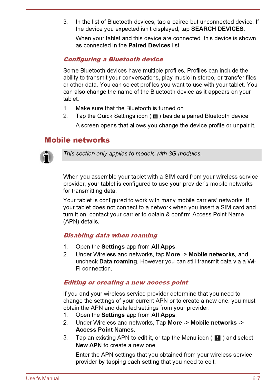 Toshiba AT10-A user manual Mobile networks, Configuring a Bluetooth device, Disabling data when roaming 