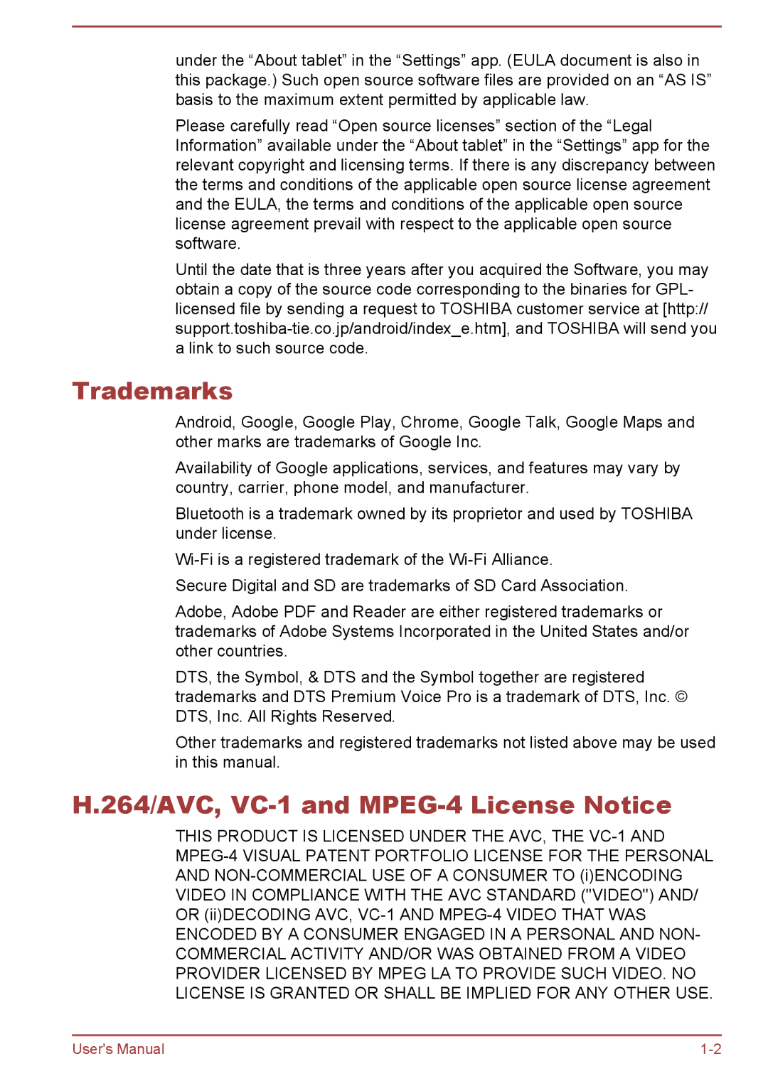 Toshiba AT10-A user manual Trademarks, 264/AVC, VC-1 and MPEG-4 License Notice 