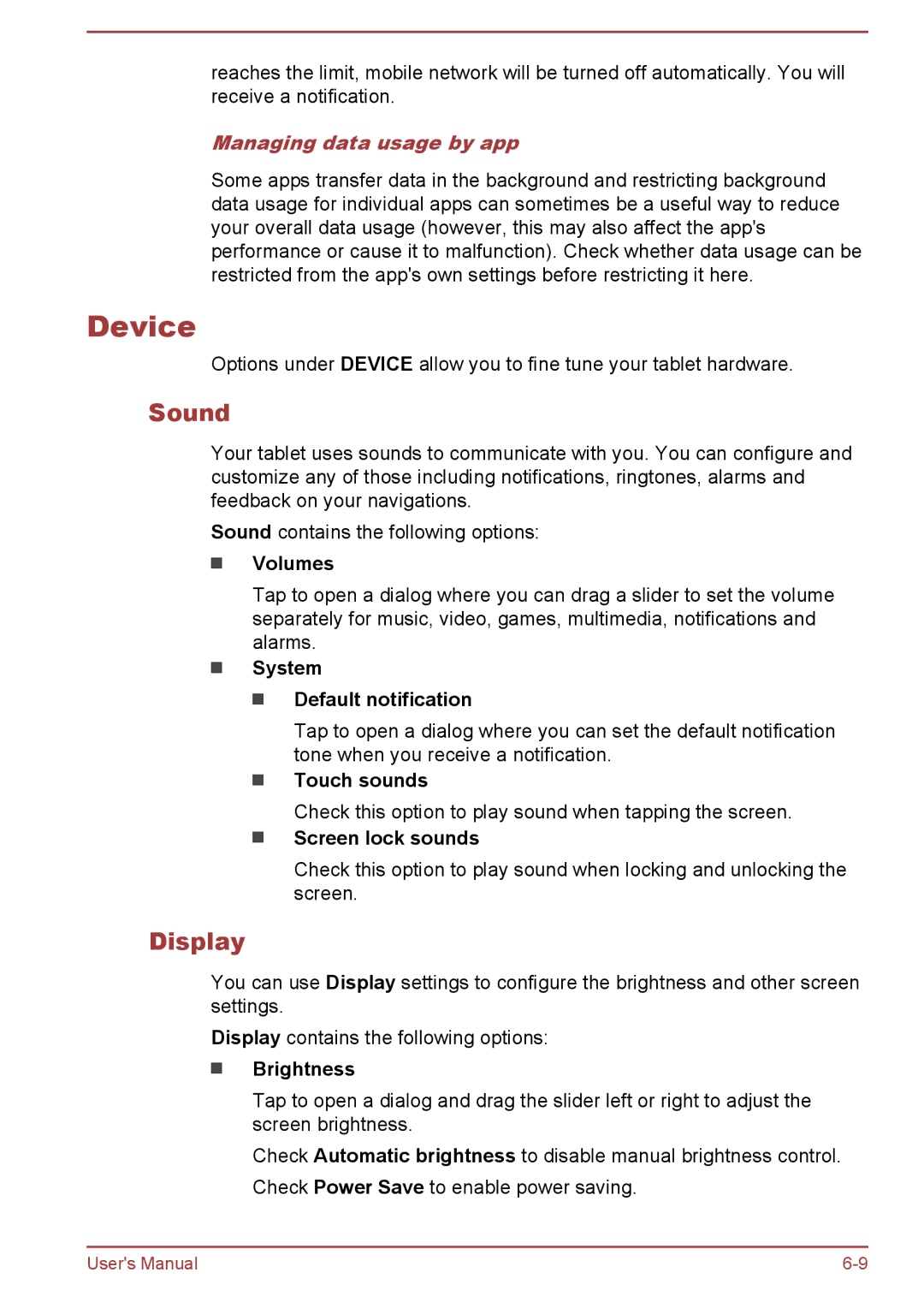 Toshiba AT10-A user manual Device, Sound, Managing data usage by app 